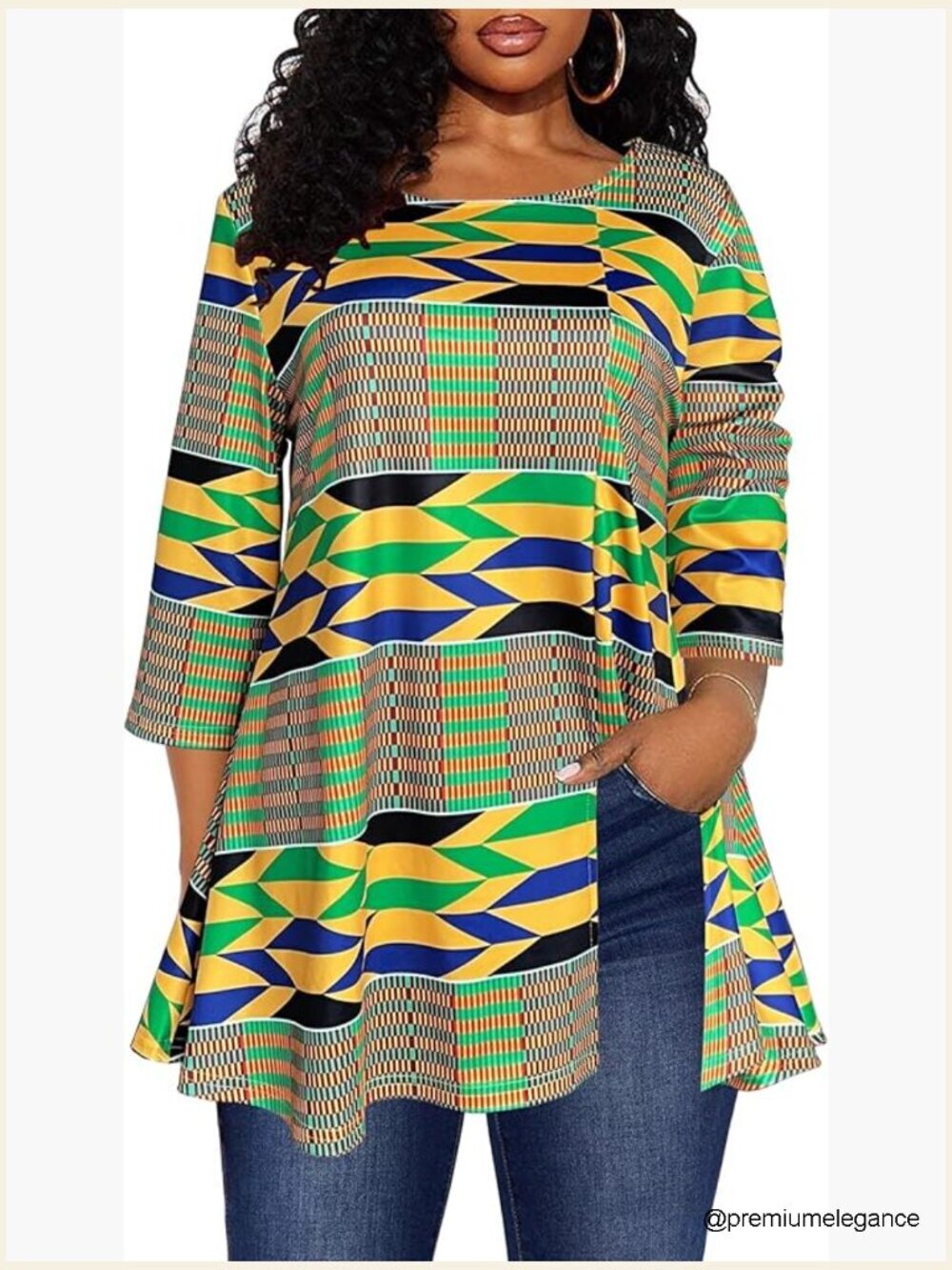 African Dashiki 3/4 Sleeve Tunic Top Boho Loose Blouse